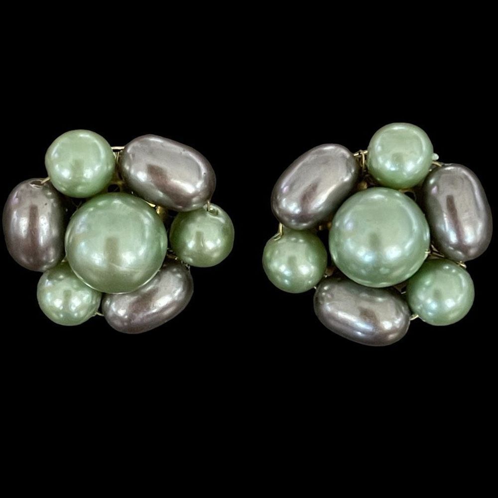Vintage Shades of Green Acrylic Beaded Clip On Earrings 1950’s signed Japan